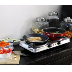 Food Warmers MegaChef Portable 2-Burner 7.5 In. Sleek Steel Hot Plate With Temperature Control -MegaChef Sales Shop sleek steel megachef hot plates 985103787m 66 1000