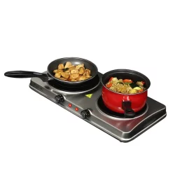 Food Warmers MegaChef Portable 2-Burner 7.5 In. Sleek Steel Hot Plate With Temperature Control -MegaChef Sales Shop sleek steel megachef hot plates 985103787m 76 1000