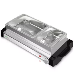 Food Warmers NutriChef 21.9 In. Stainless Steel Electric Food Warming Tray Buffet Server Hot Plate Food Warmer (Dual Plate Tray Style)