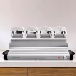 Food Warmers NutriChef Single Burner 8.5 In. Stainless Steel Electric Food Warming Tray Buffet Server Hot Plate (4-Plate Tray Style) -MegaChef Sales Shop stainless steel nutrichef hot plates pkbfwm32 31 1000