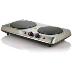 Food Warmers Ovente 6.5 In. And 7 In. Silver Double Hot Plate Electric Glass Infrared Stove, 1700-Watt