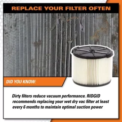 Vacuum Parts RIDGID 1-Layer Standard Pleated Paper Filter For 3 To 4.5 Gal. RIDGID Wet/Dry Shop Vacuums -MegaChef Sales Shop vacuum parts vf3400 76 1000