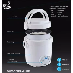 Cookers AROMA 3-Cup White Mini Rice Cooker With Non-Stick Cooking Pot -MegaChef Sales Shop white aroma rice cookers mrc 903d 66 1000