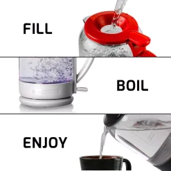 Electric Kettles Ovente 6.3-Cup White Glass Electric Kettle With ProntoFill Technology – Fill Up With The Lid On -MegaChef Sales Shop white ovente electric kettles kg516w 4f 1000