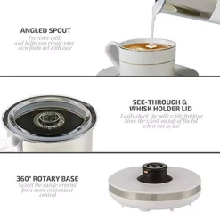 Coffee Makers Ovente 8.1 Oz. White Stainless Steel Electric Milk Frother 3 In 1-Warming, Heating And Frothing, See-Through Lid Plus Whisks -MegaChef Sales Shop white ovente milk frothers fr1208w 1f 1000