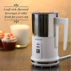 Coffee Makers Ovente 8.1 Oz. White Stainless Steel Electric Milk Frother 3 In 1-Warming, Heating And Frothing, See-Through Lid Plus Whisks -MegaChef Sales Shop white ovente milk frothers fr1208w 31 1000